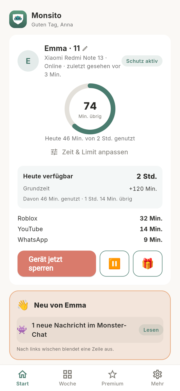 Eltern-App: Startseite mit Restzeit-Ring, offener App und Sperrknopf