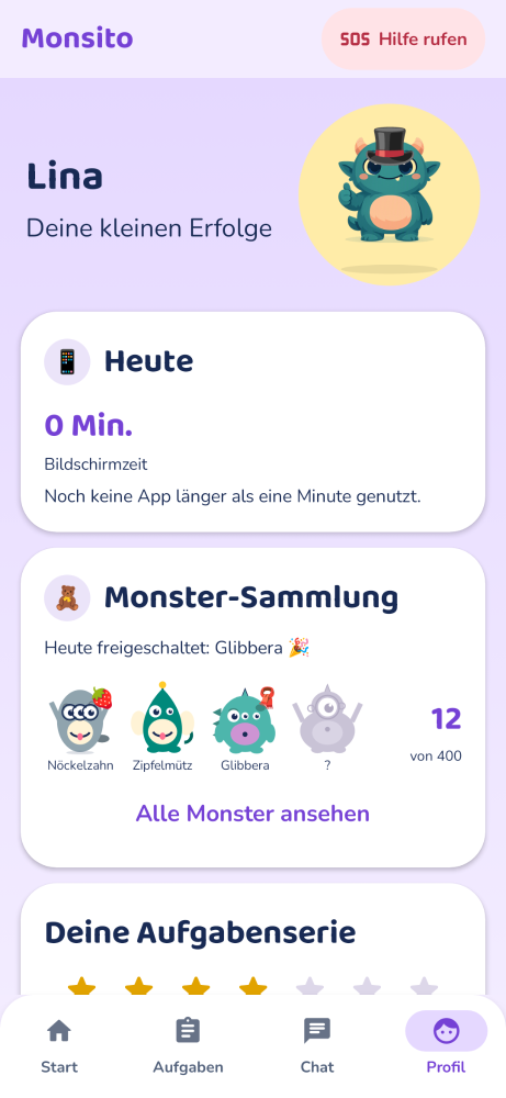 Kinder-App: Profil mit Monster-Sammlung